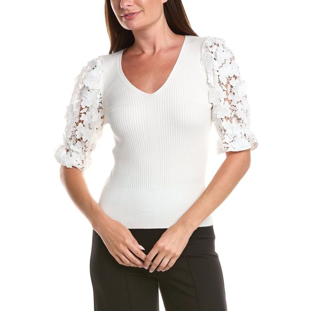 T Tahari Womens  Lace Blouson Pullover, White